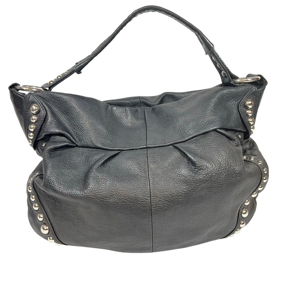 B. Makowsky Hobo Bag Purse Black Pebbled Leather Silver Studded Leopard Lining